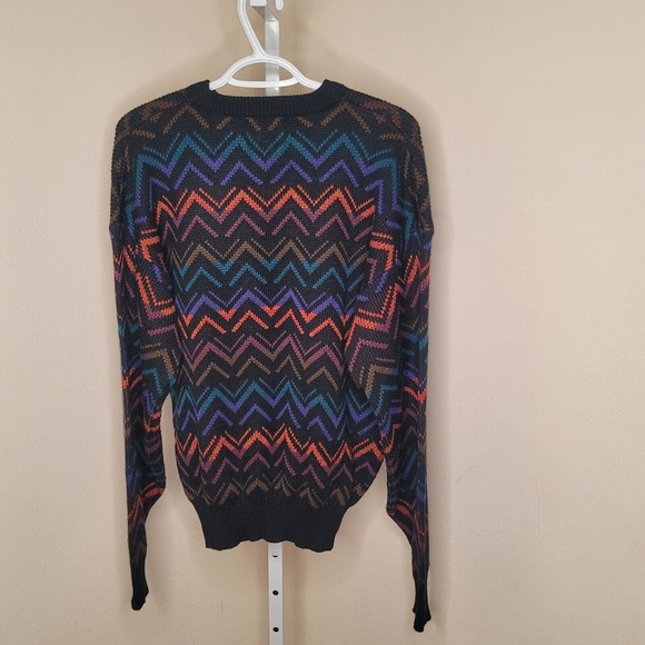 VTG WEEDS Men's Multicolor Zig-Zag Pattern Knit Grandpa Sweater Leather Trim L - Picture 2 of 9